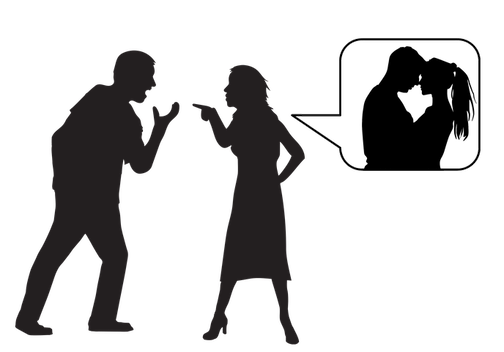 A couple arguing, with the woman imagining the man with another woman. 