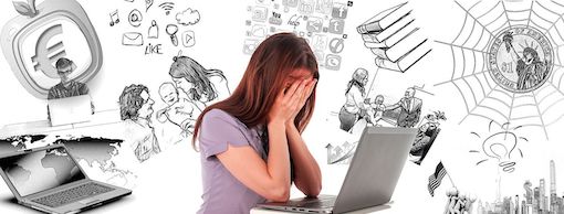 Woman showing grief, holding her hands on her face in front of a laptop with other illustrations of distractions in the background. 