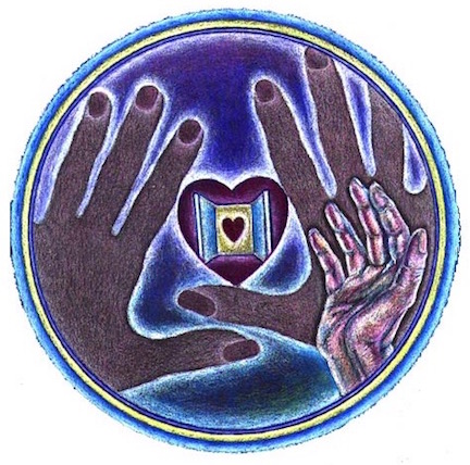 Circular painting of three hands drifting over an open window, the window shows heart within a heart.