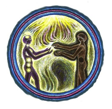 A circular painting of two people standing and touching their hands together. The person on the left has all of their chakras lit, while the one on the right has one black core. 