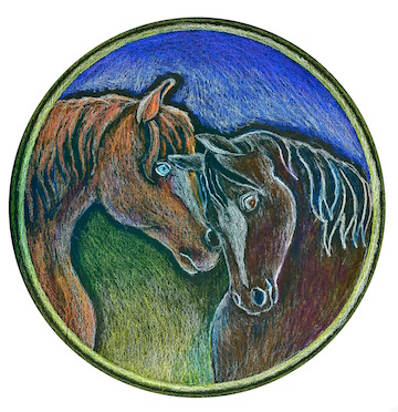 Circular painting of two horse embracing one another. 