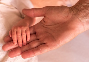 Small childs hand clasping an adults hand. 