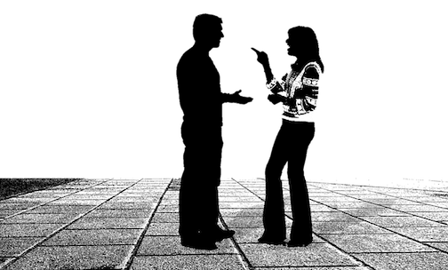 A black and white silhouette of a couple in conflict, the woman is pointing at the man. 