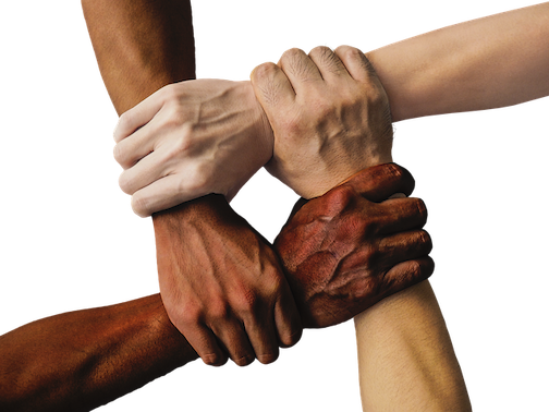Four individuals interlocking each others hands, they all have different skin colors. 