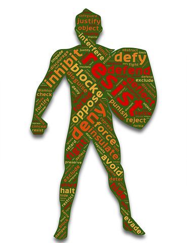 Green silhouette of a man holding a shield in a defensive stance. His silhouette is covered in words like dismiss, check , defy, resist, interfere, etc. 