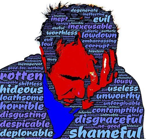 Caricature of a depressed man with a red face. His hair and shirt are made up of negative words. Hideous, loathsome, horrible, despicable, etc. 